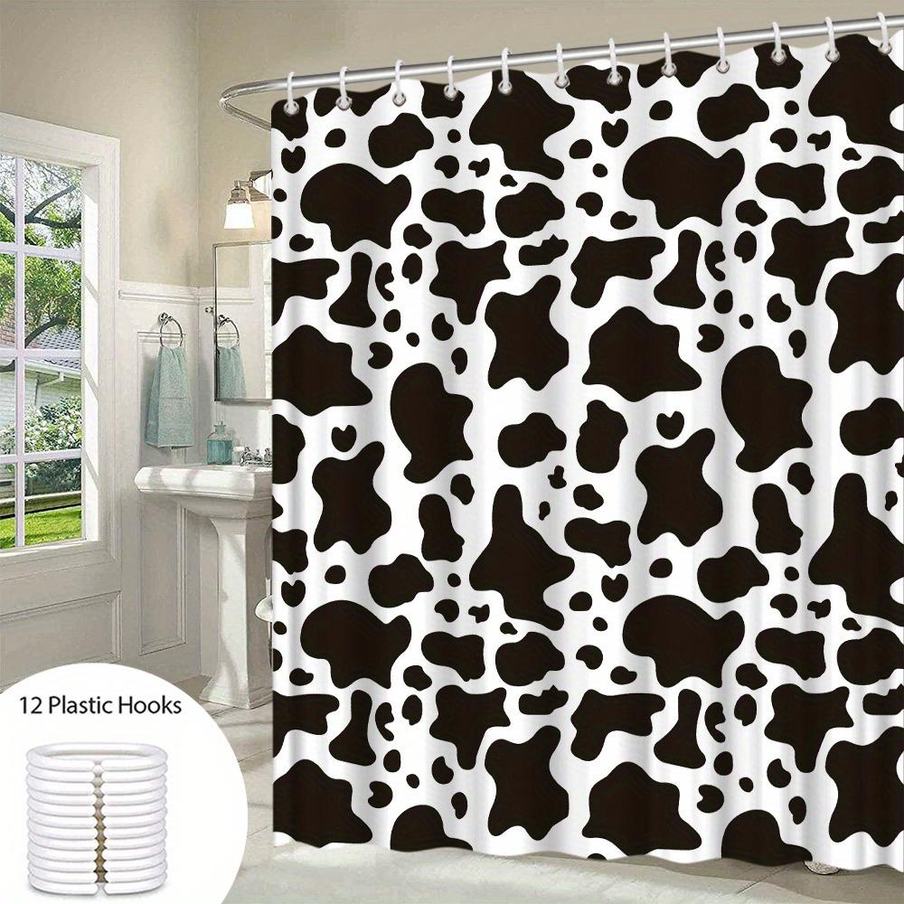 1Pc Cowhide Pattern Bath Curtain, Black Cow Spots On White Background, Random Amoeba-Like Shapes, Minimalist Design, Modern Cowh