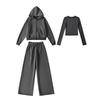 Women's Pink Sportswear Set: Round Neck Long Sleeve T-Shirt, Hooded Sweatshirt Jacket, and Wide Leg Sweatpants