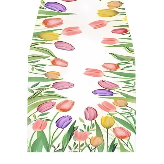 Jarní květinový běhoun s kvetoucími květinami, stolní prádlo, tulipán, pratelný ubrus pro domácí, farmářské, večeře, dekorace