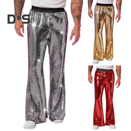 Herren-Schlaghose mit Pailletten, glänzend, Hip-Hop-Diskohose, elastische Taille, Retro-Hose mit weitem Bein für Bühnenauftritte, Nachtclubs, Bars und Tänze