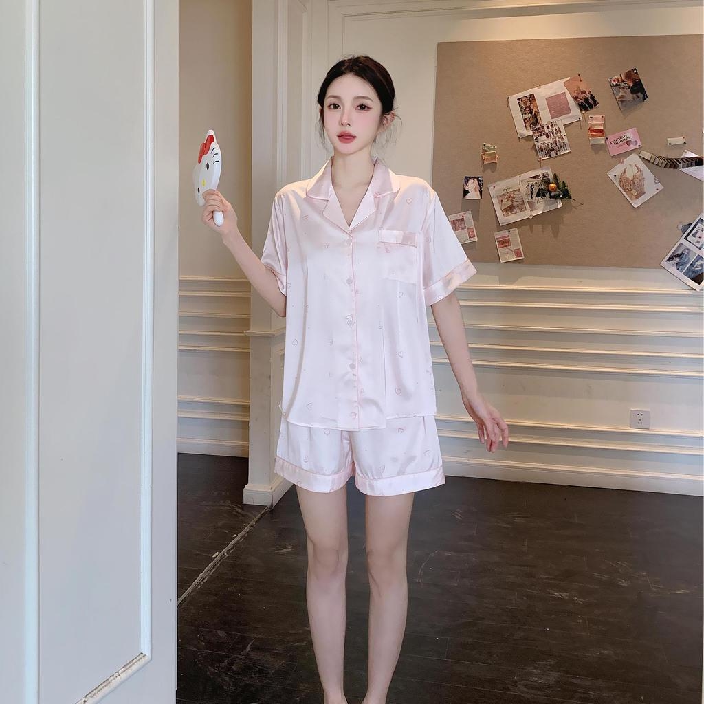 Short-sleeved shorts, summer loungewear set, simulated silk, cool pajamas can be worn outside, simple large-size ice silk pajamas