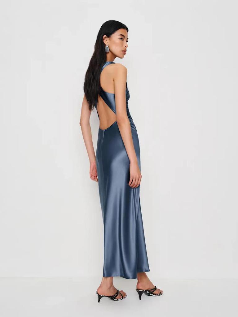 Spring Summer Sexy Halter Long Dress - European & American Style, Slim Fit, Solid Color, Sleeveless for Women