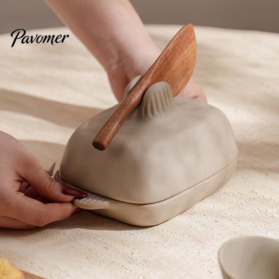 Minimalist Kitchen Decor Ceramic Butter Dish with Lid And Wooden Knife, Countertop Stoneware Container Tray, Keeper for Fridge Storage & Table Serving