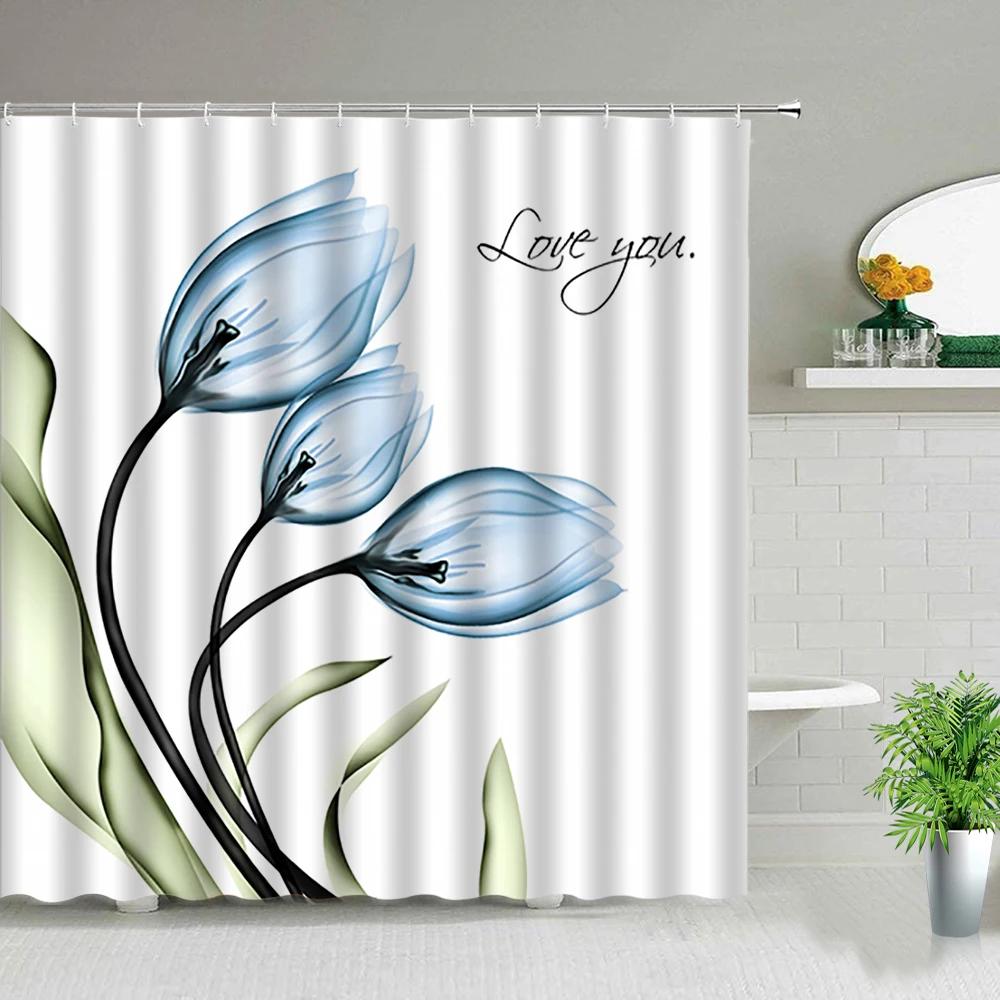 Waterproof Shower Curtain Set Flowers Arch Bridge Landscape Home Decor Bathroom Curtain Polyester Fabric Background Wall Decor