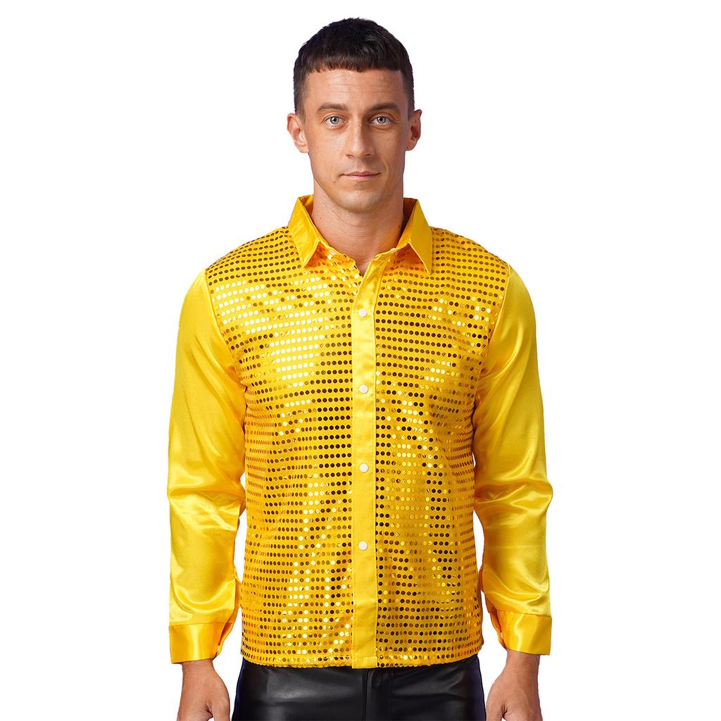 Mens Shiny Sequin Dance Shirt Latin Jazz Performance Wear Turn Down Collar Long Sleeve Patchwork Top