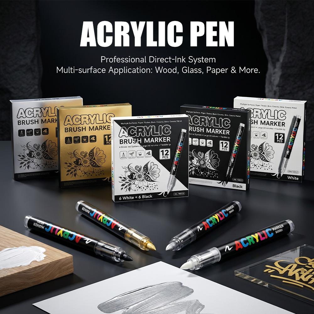 Gold and Silver Direct-Flow Acrylic Markers Art Highlighters DIY Black Card Journaling Pens Soft-Tip Painting Markers
