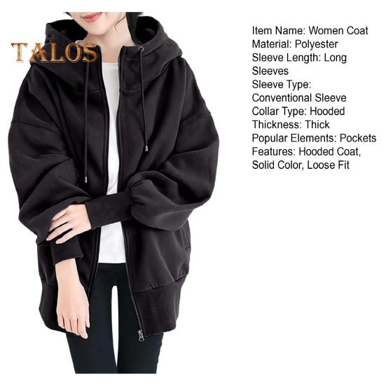 Women Thick Coat for Autumn Winter Warmth Solid Color Mid Length Fleece Jacket with Pockets Loose Zipper Hooded Coat for Daily Wear