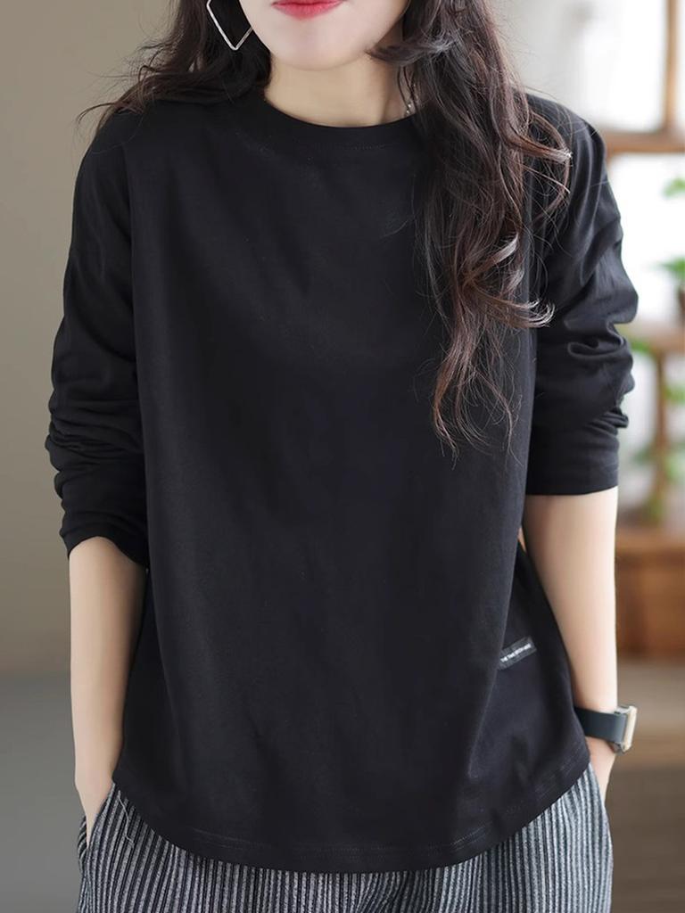 Maieu Dintr-o Singură Culoare Vintage Decupat Femei Toamnă Iarnă Stil Nou Casual Mânecă Lungă Largă Tricou Top Femei Trendy