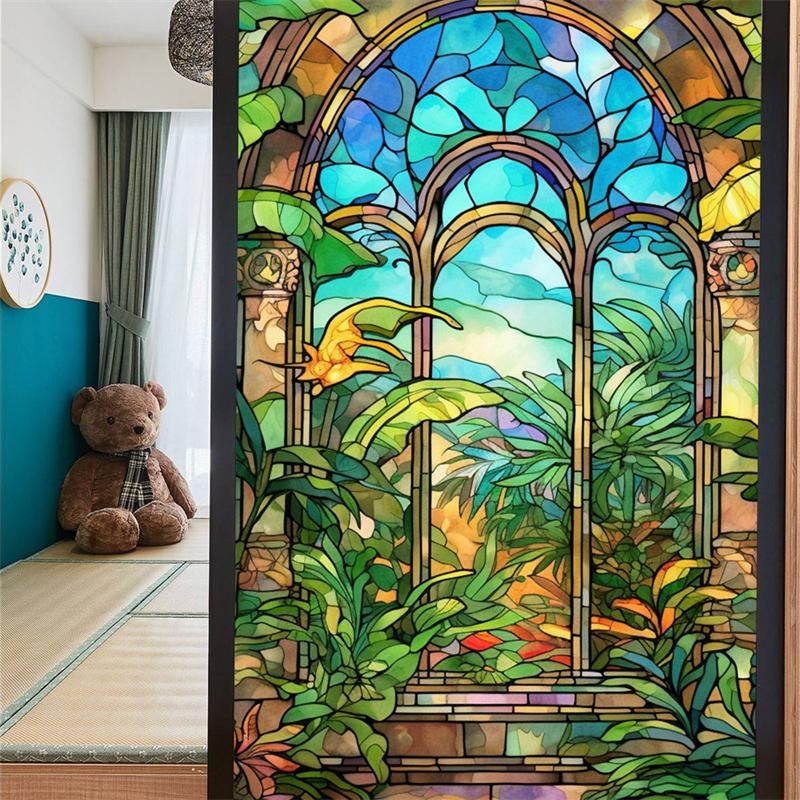 Gebeizte bunte tropische Pflanzenblumen, Ozean-Sonnenaufgang, Fensterglas, statische Aufkleber, entfernbare dekorative PVC-Folie für das Home Office