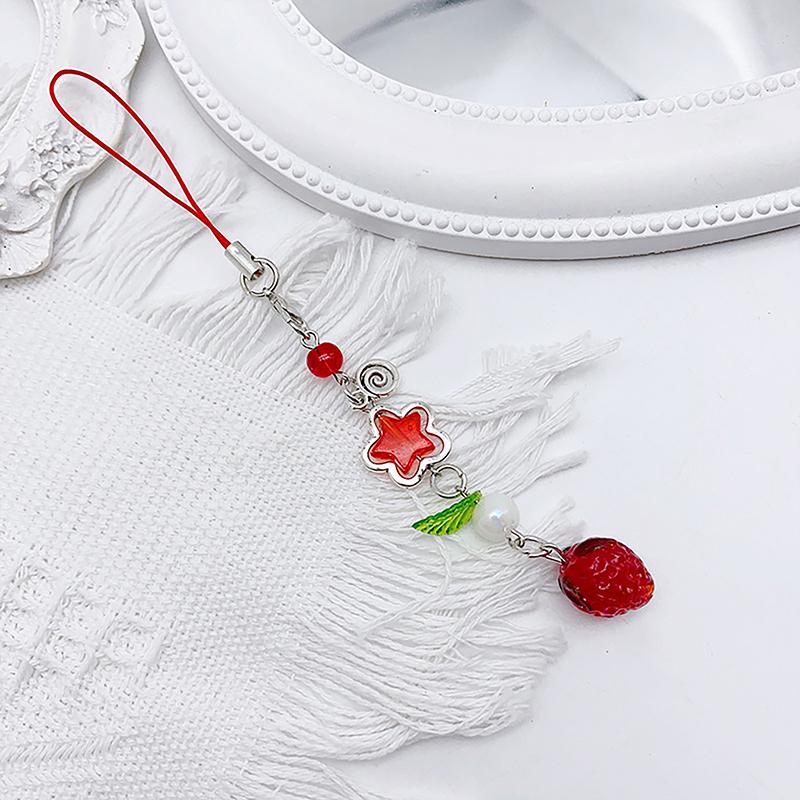Korean Cute Strawberry Mobile Phone Chain Y2K Sweet Fruits Beaded Phone Lanyard Keychain For Girls Phone Pendant Charms
