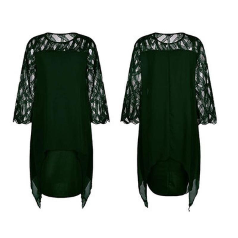 

women s Plus Size Lace Patchwork 3/4 Sleeve Irregular Hem Chiffon Fake Two Piece Casual Dress 6XL темно-зелений колір