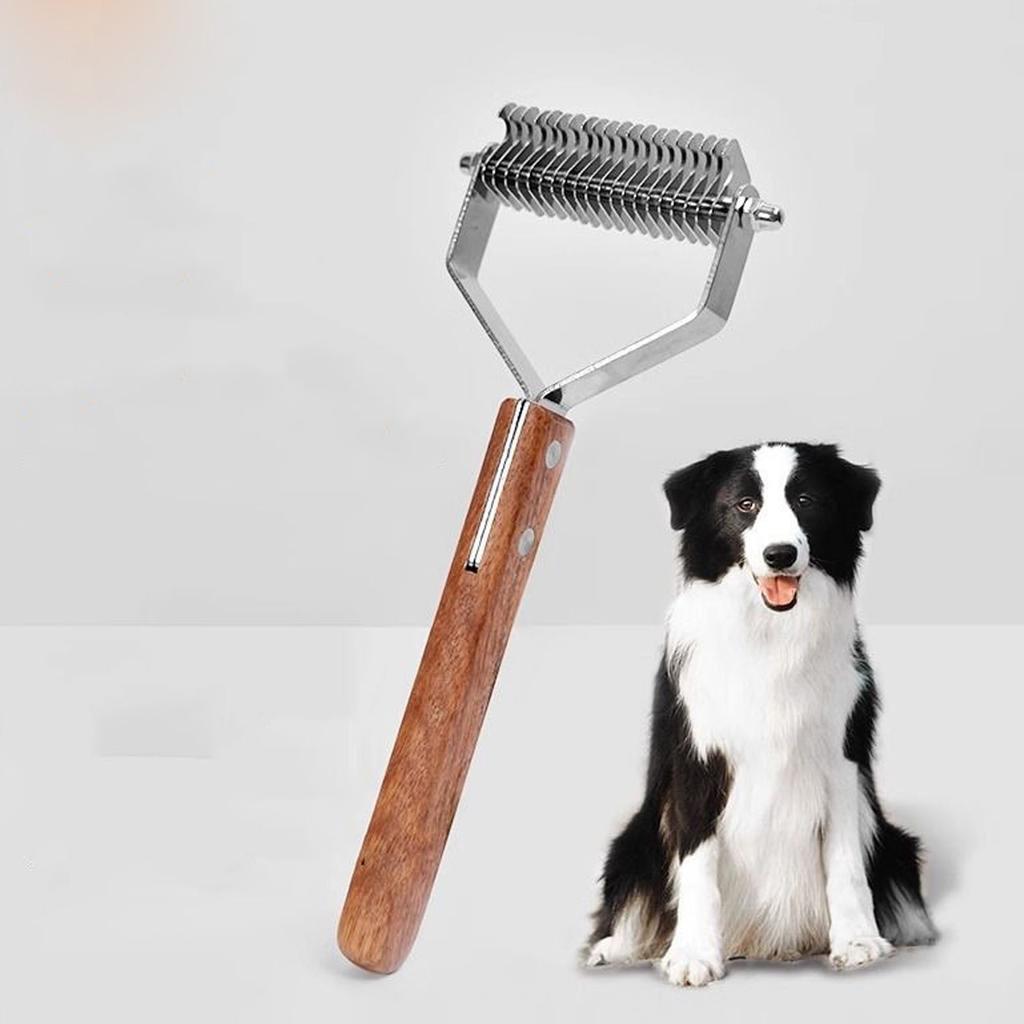 Pet Grooming Brush Stainless Steel Double Sided Dematting Deshedding Brush Dogs Shedding Tool with Wooden Handle