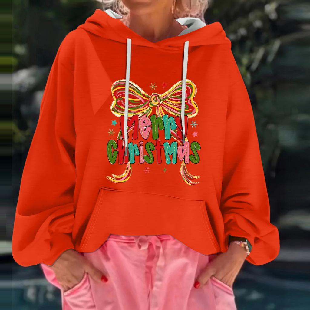 Women's Christmas Print Loose Casual Long Sleeve Hooded Sweatshirt