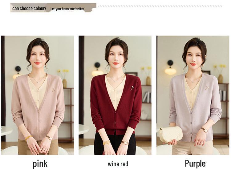 Spring Knit Two-Piece Cardigan - Stylish V-Neck Jacket for Middle-Aged & Elderly Women