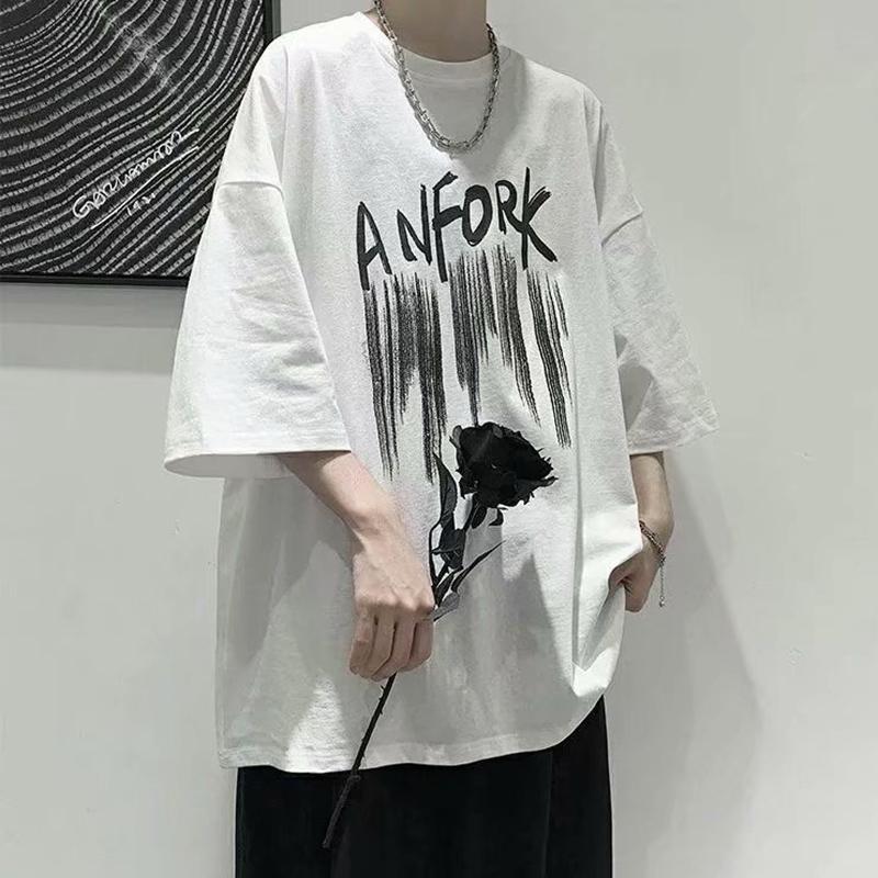 IELGY T-shirt Stile Hong Kong da Uomo a Manica Corta Estiva Larga Casual Stile Coreano di Tendenza Selvaggia Hip-hop Top Abbigliamento a Manica a Cinque Punti