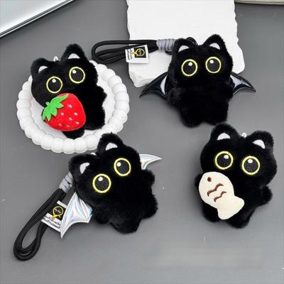 Cute Fish Black Cat Plush Doll Keychain Strawberry Wings Doll Bag Pendant Bib Car Key Ring Gifts School Bag Decoration