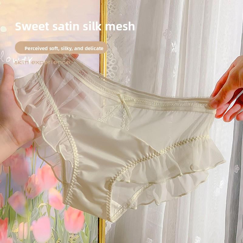 Ladies Spring and Summer Cute Sexy Sweet Lace Patchwork Ice Silk Gauze Mid Waist Panties