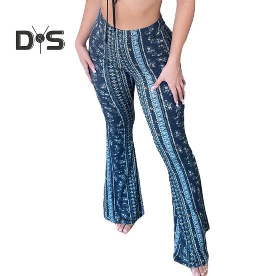 

Женские брюки с высокой эластичной резинкой на талии, расклешенные подол с ретро-принтом, облегающие эластичные повседневные мягкие дышащие спортивные длинные брюки для йоги XL