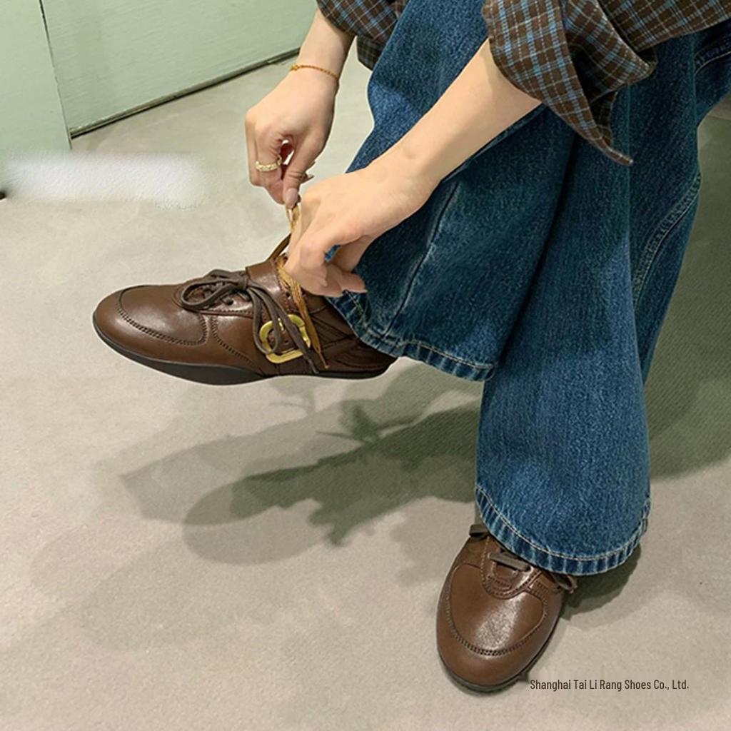 Genuine Leather Retro Style Women's Lace-Up Casual Ballet Shoes with Soft Sole and Cowhide Belt Buckle