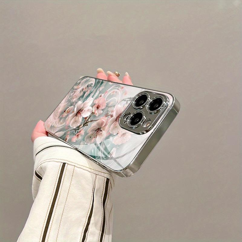 Beautiful Pink Flower Pattern Electroplated Silver Phone Case For Samsung Galaxy S25 S24 S23 Ultra Plus FE Tempered Glass Cover