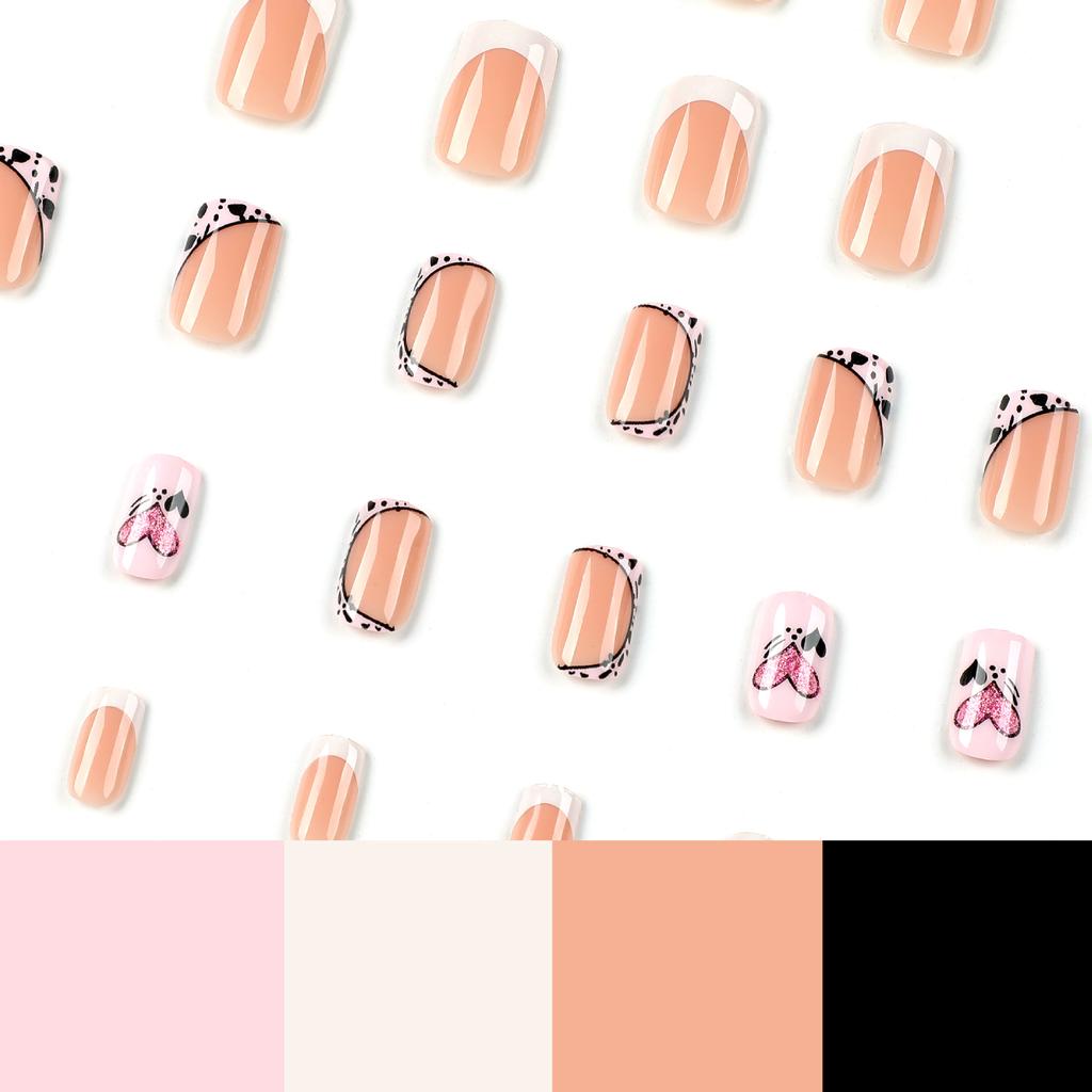 Wear nail piece white powder contrasting color French black love little pink glitter love cute wear nail