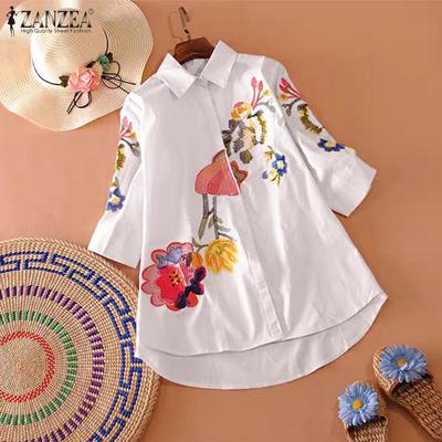 Women Vintage Shirt Collar Floral Print Long Sleeve Shirts