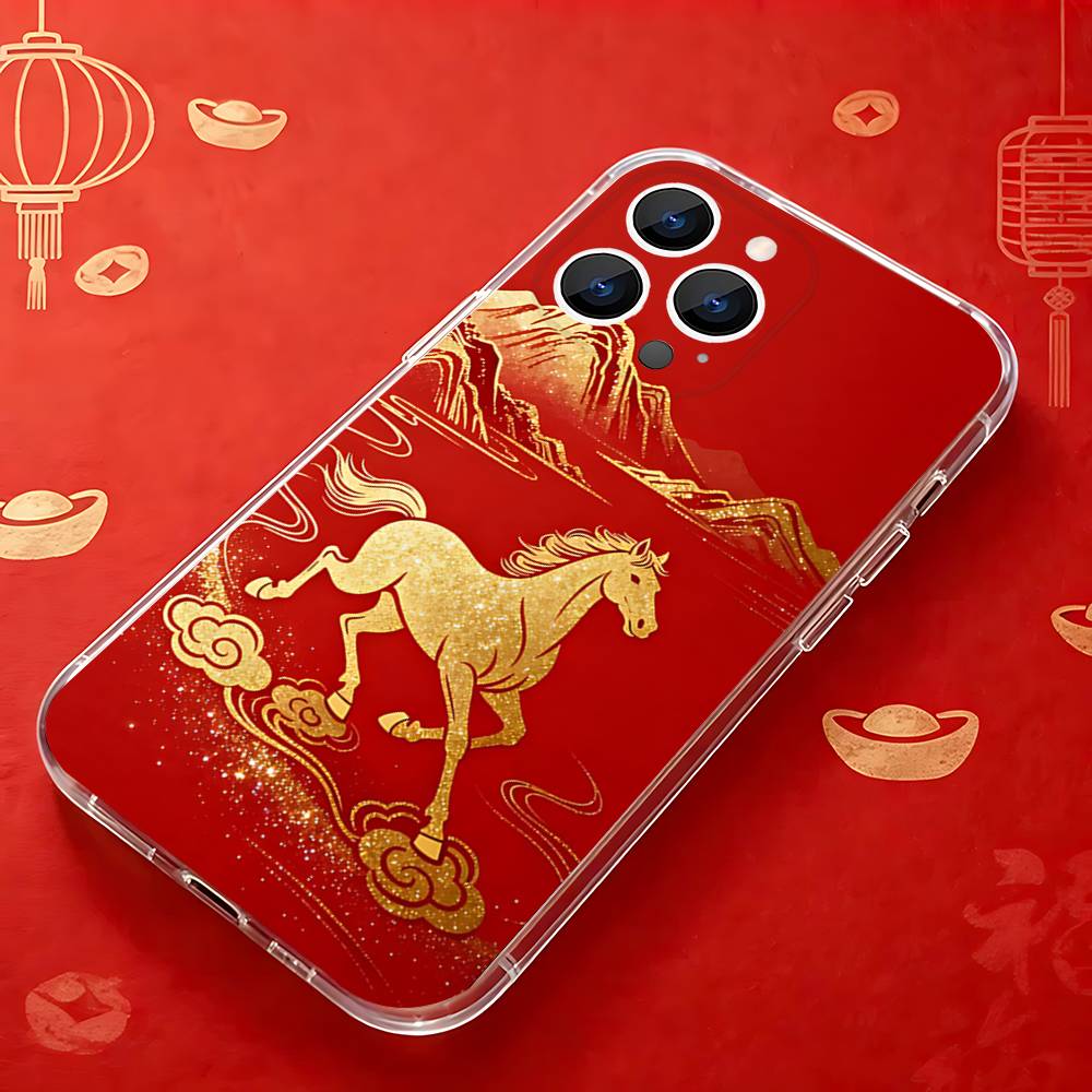 Fashion Chinese-Style Red Horse Phone Case for iPhone 16 15 14 13 12 11 17 Plus Pro Max X XR XS Max Soft Clear Tpu