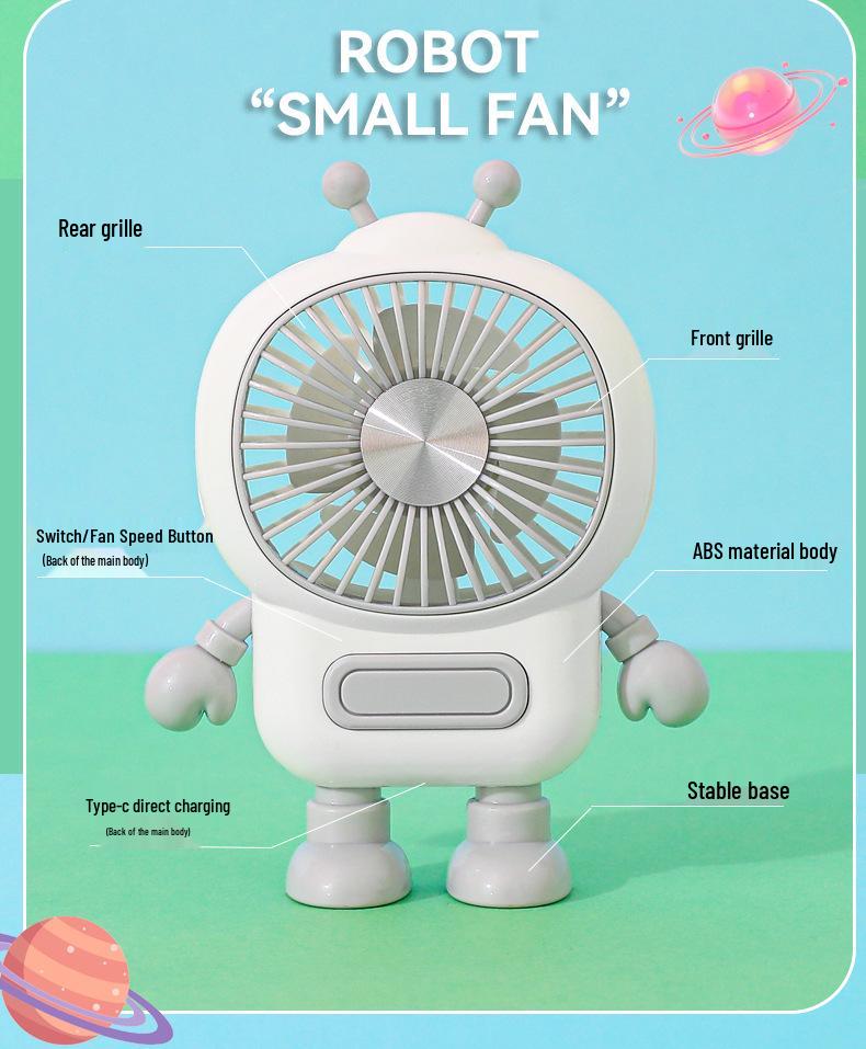 USB Rechargeable Mini Robot Cartoon Fan - Silent Portable Desktop Fan for Kids