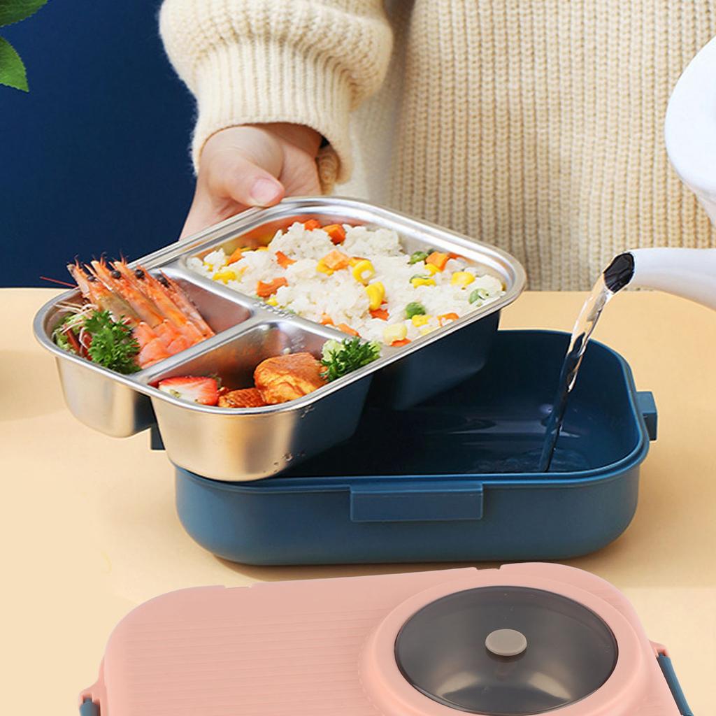 1PC 1100ml Insulated Lunch Box with 3 Grids & Double Layer 304 Stainless Steel Includes Chopsticks Spoon and Soup Bowl Set