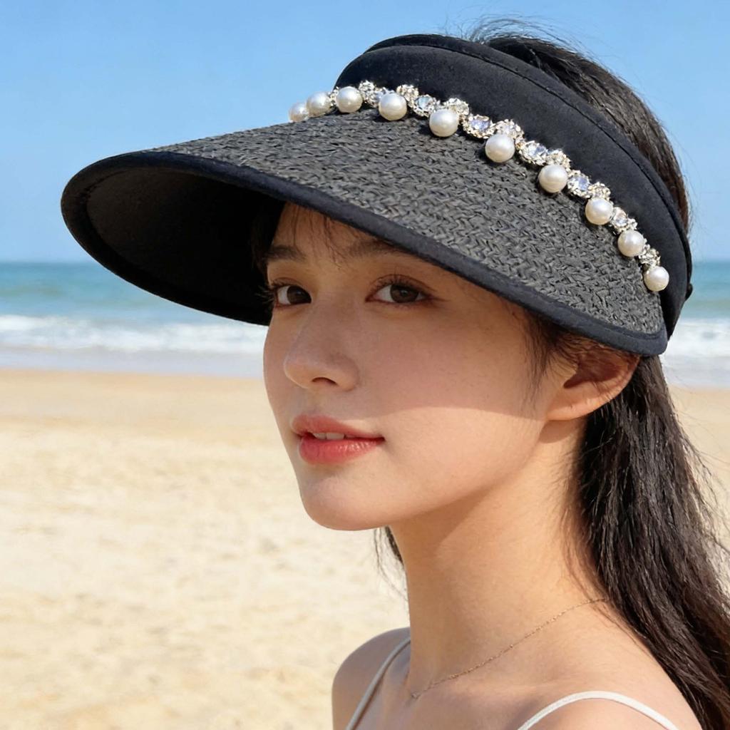 Light Luxury Pearl Rhinestone Empty Top Hat Women's Summer Outdoor Travel Light Big Brim Vinyl Sun Hat