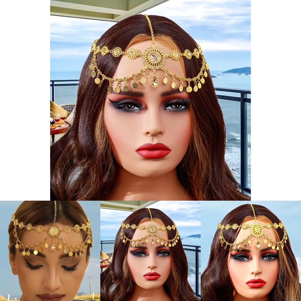 Elegant Simulation Gemstone Decor Women Golden Headpiece With Tassel Design For Travel And Gift