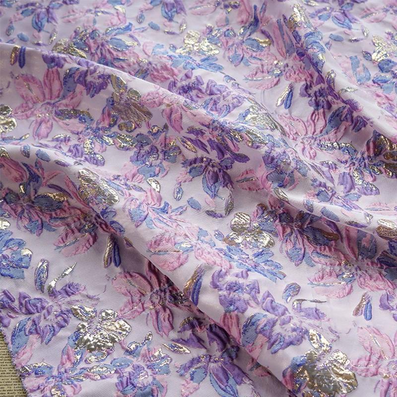 Yarn-dyed Gold Flower Pink Purple Relief Jacquard Fabric High-end Cloth Women's Dress Skirt Vest Sewing Decorative Fabric