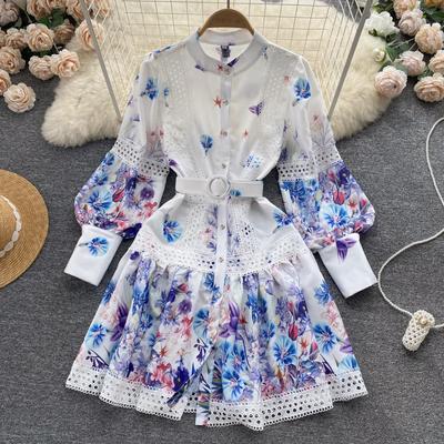 Robe imprimée style Boho pour femmes, manches lanternes, Chic, mode printemps-automne, décontractée, col montant, simple boutonnage, robes de soirée