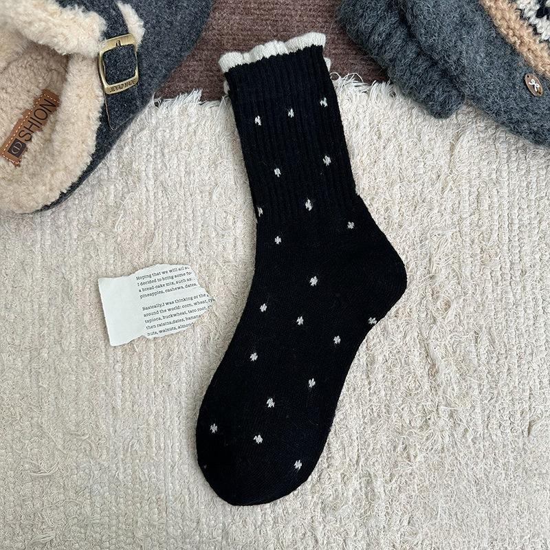 Sock - Winter Polka Dot Soft Lace Versatile Mid-calf Socks with Stretch, Soft Fabric, Comfortable and Warm Wool Socks