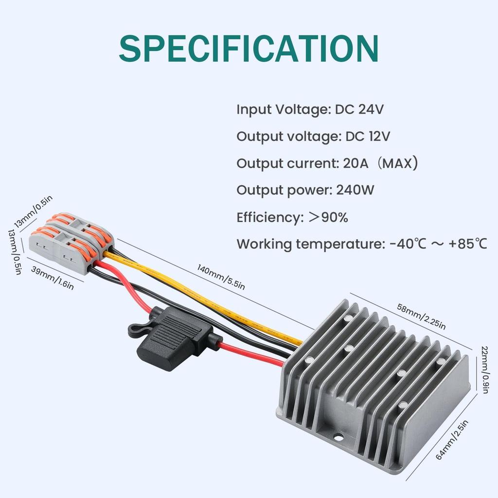 YBBOTT DC To DC 24V To 12V 20A 240W Voltage Car Power Short Circuit Waterproof Buck for Golf Cart Club Car Step-Down Converter, Converter, Protection,