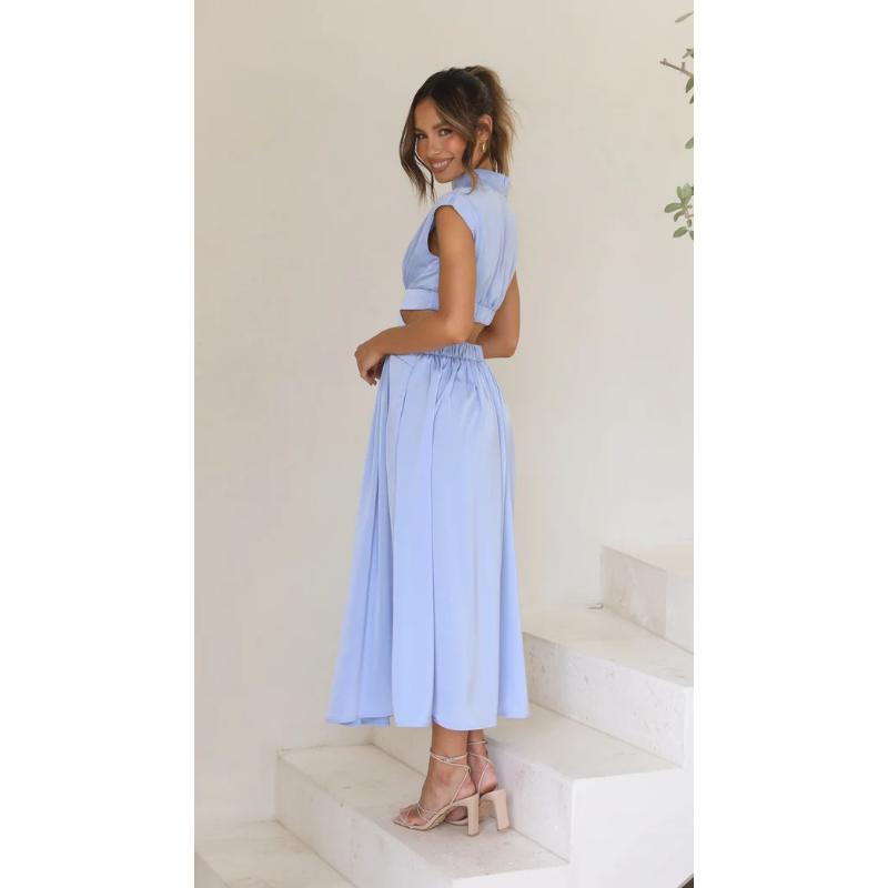 Vestido elegante para mujer, moda informal de verano, Color sólido, sin mangas, vestido sin espalda, vestido largo plisado calado Sexy para mujer