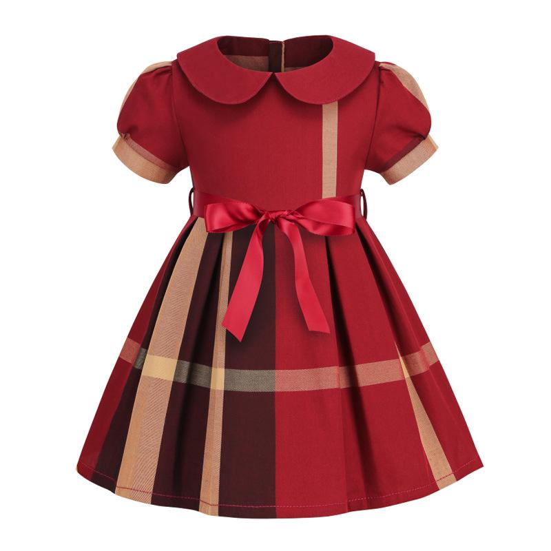 

2025 Summer Girls Plaid Cotton Dress with Bow Lapel - Short Sleeve, Exclusive Design 8 (130-135 cm) красный/малиновый