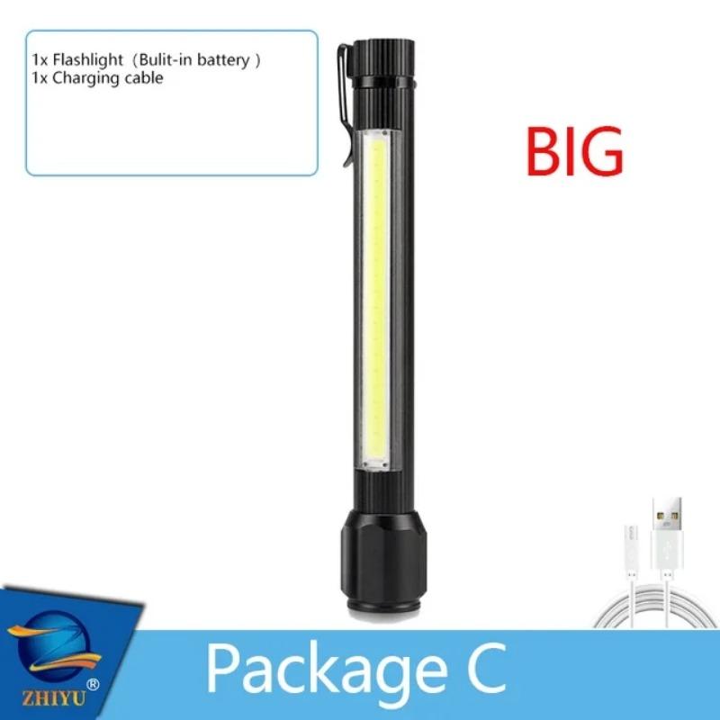 Super Bright LED Flashlight COB Work Light 3 Modes USB Rechargeable Torch Camping Lantern with Hook Waterproof Flash Lights