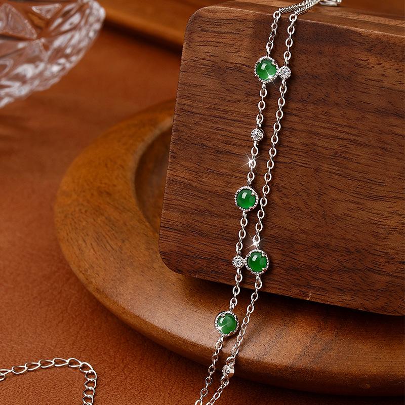 Fashion commuter natural jadeite yang green double row design inlaid women's light luxury versatile bracelet fashion retro jewelry gift