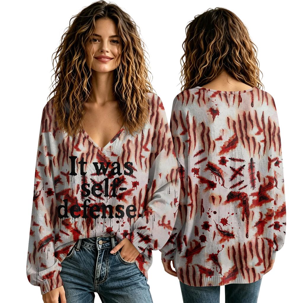 Women's V-Neck Halloween Shirt for Fall, Seasonal Top for Ladies
