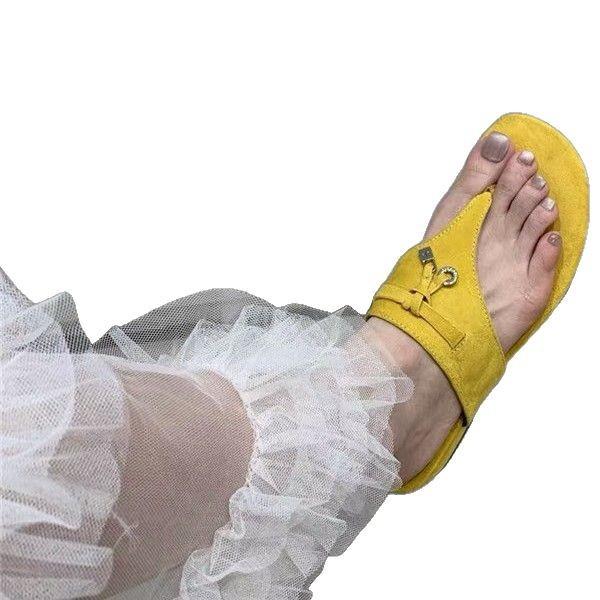 2025 new high-end LP summer retro sheep king leather thin strap flat-soled slippers shoes women's toe lock pendant flip-flops