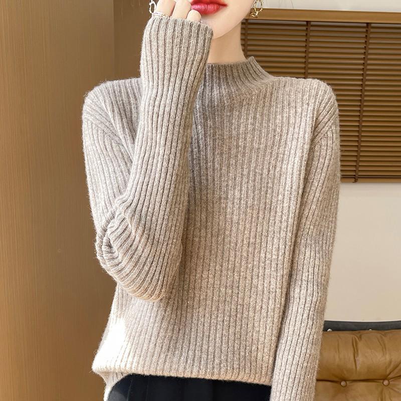 Women's 100% Pure Wool Half-High Collar Thick Knit Sweater - Warm Autumn/Winter Base Layer Pullover