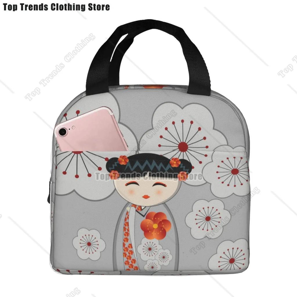 Japanese Keiko Kokeshi Doll Insulated Lunch Bag Cute Design Kimono Geisha Dolls Girls Cooler Thermal Bento Box Lunch Boxes