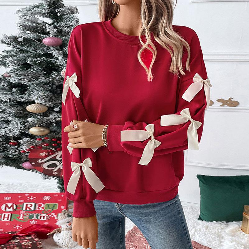Herbst und Winter Damen Übergröße Oberteile Rundhals Schleife Rot Weihnachten Sweatshirt Langarm Pullover