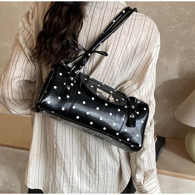 Zippered Polka Dot Shoulder Pillow Bag Stylish Polka Dot Underarm Bag With Lg Shoulder Strap Cute Bost Bag With Bow Design