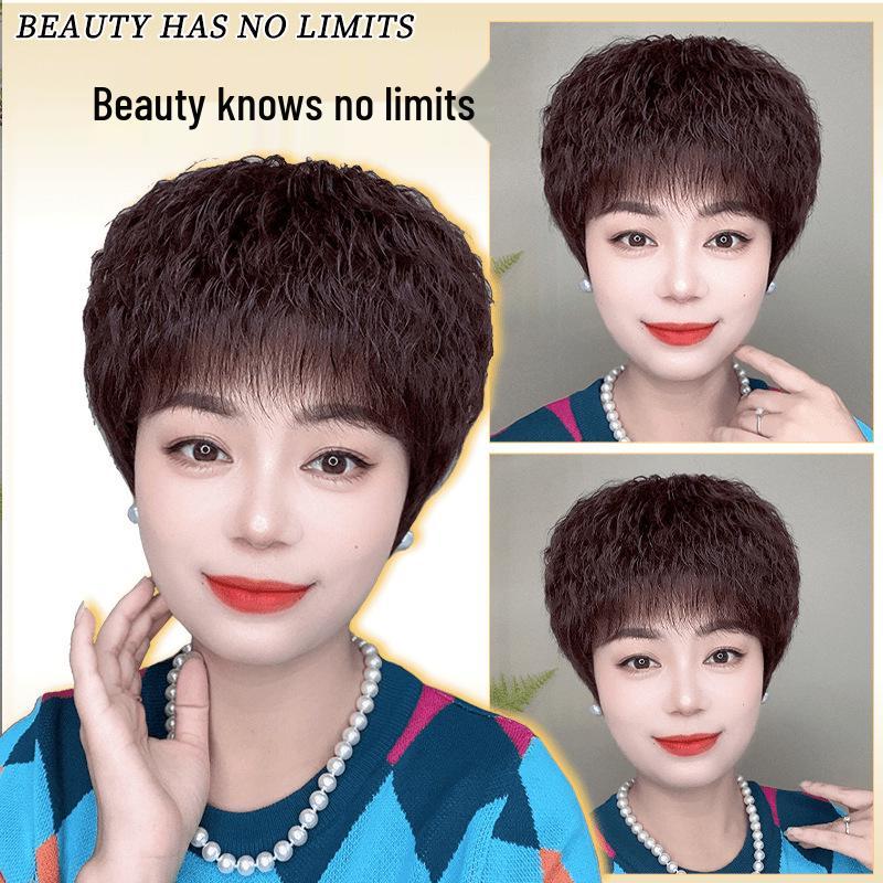 Curly Wig Cap for Middle-Aged & Elderly Women - Real & Synthetic Hair Blend