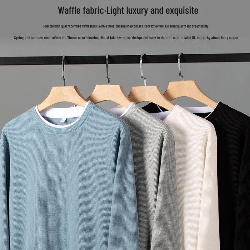 ROMON Men's Waffle Knit Faux Two-Piece Crewneck Sweatshirt