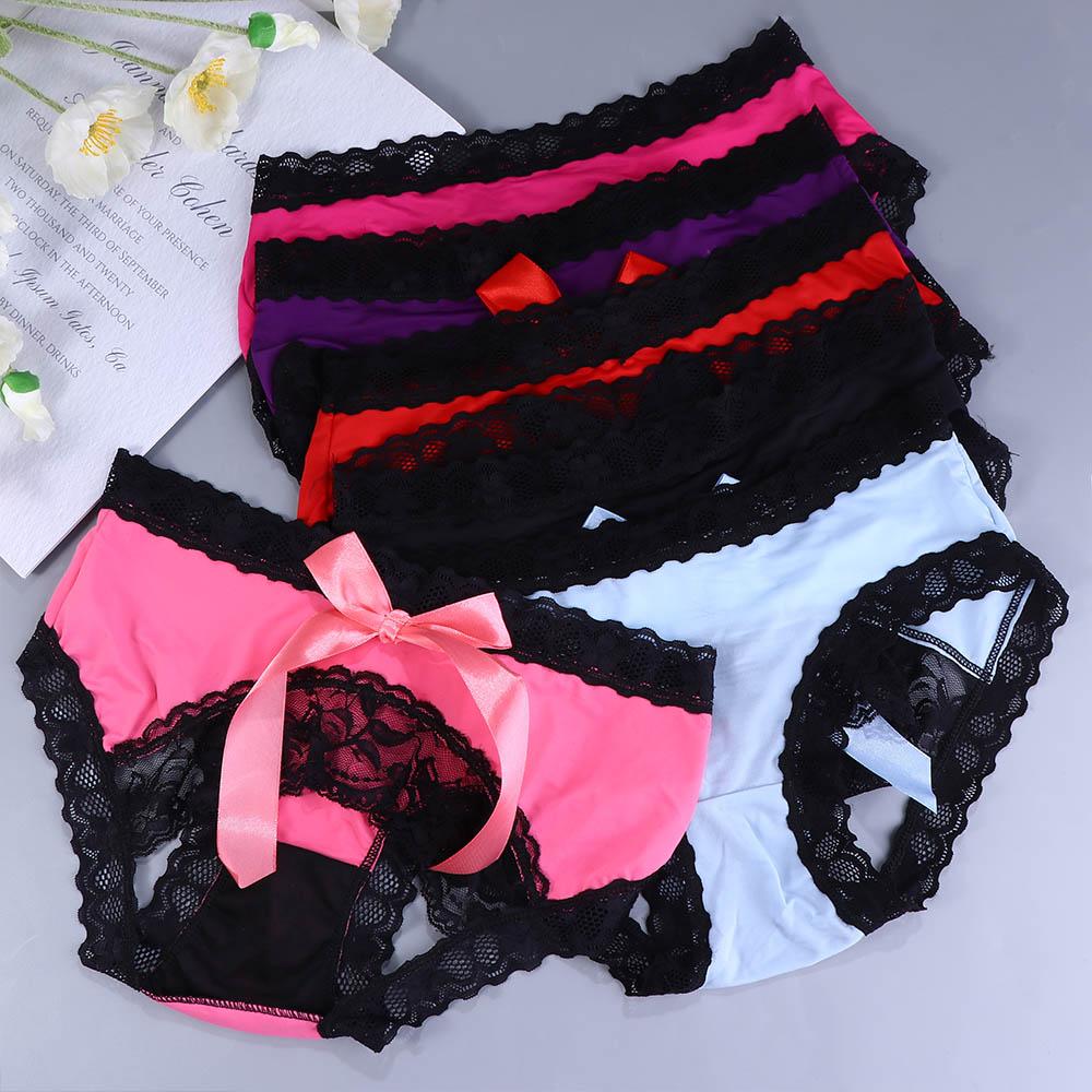Transparent Crotchless Bow Female Lace Women Erotic underwear Lingerie Sexy Intimates Thongs