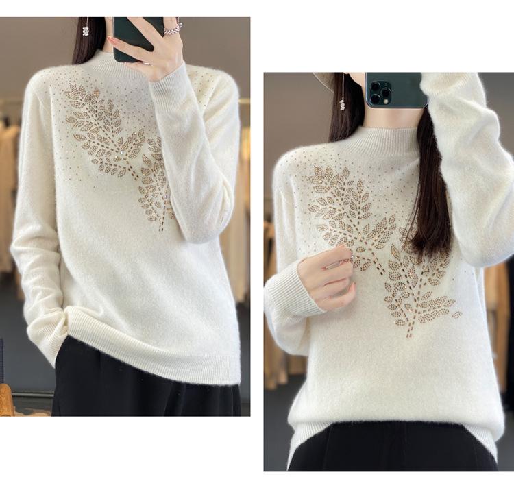 Rhinestone Wool Sweater for Women, Autumn/Winter Collection: Half-High Neck, Knitted, Long & Loose Fit.