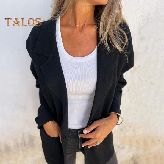 Damen Herbst Winterjacke Reverskragen Lockerer Freizeitmantel mit Tasche Einreihiges Einfarbiges Langarmoberteil